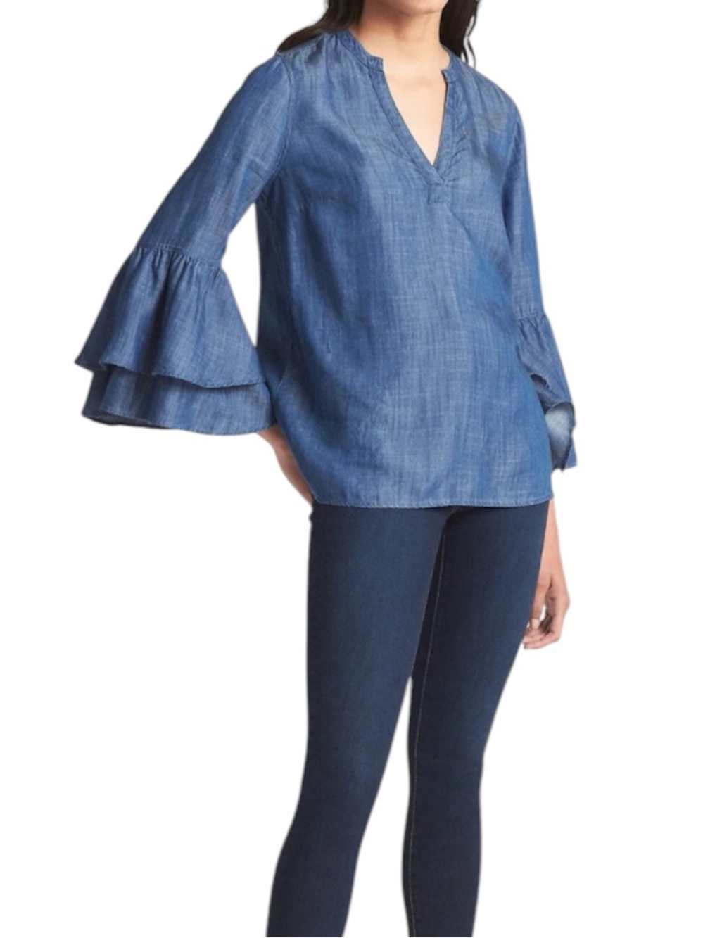 NWT GAP Tiered Bell Sleeve Lyocell Top Blue Chambray Sz XL